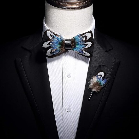 Accessories | Mens Natural Feather Pre Tied Bow Tie Lapel Pin  display picture 1